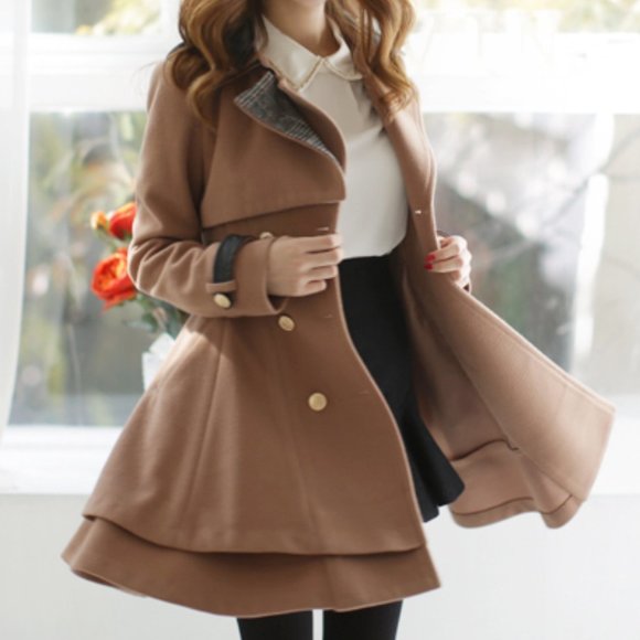 Layered-Hem Double-Breasted Winter Trench Coat from YesStyle Camel Brown Size S - Picture 3 of 10